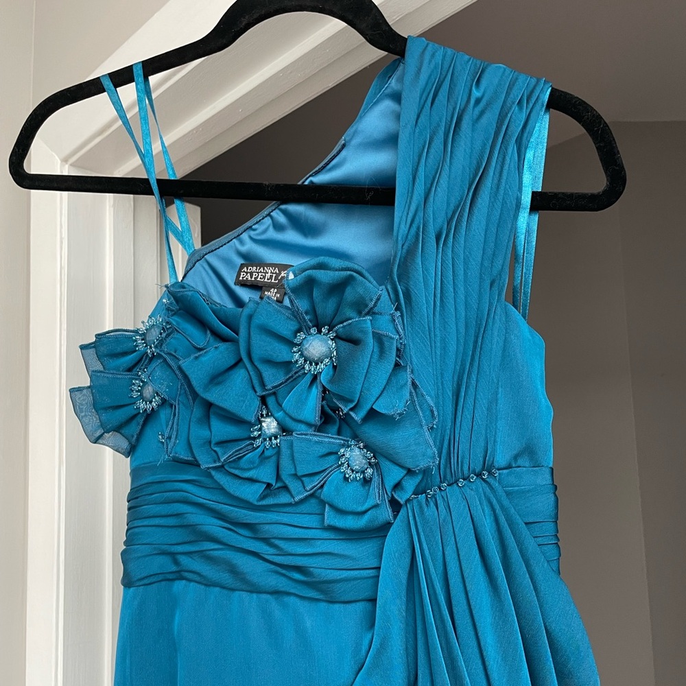 Adriana papell red label teal floral beaded draped pleated one shoulder dress - Picture 2 of 3